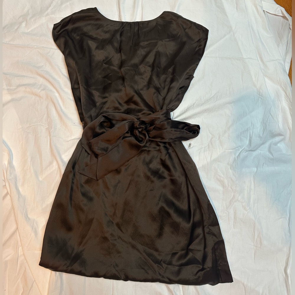 Talbots Brown Silk Belted Cap-Sleeve Dress